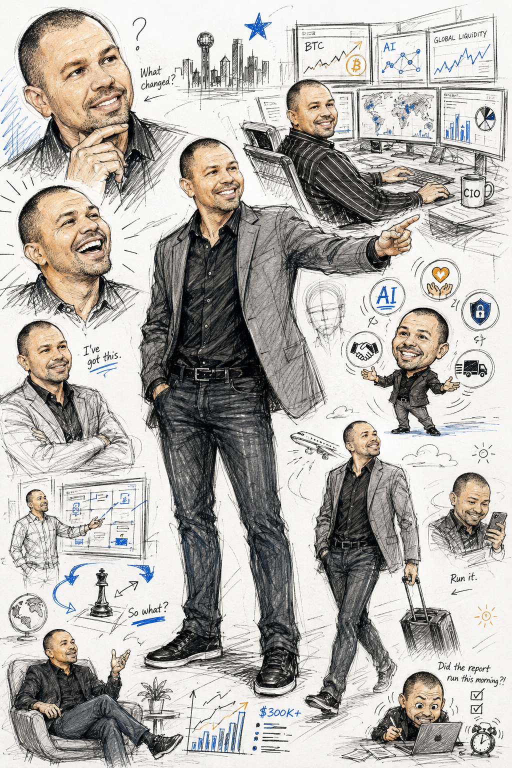 Illustrated sketchbook portrait of Kyle Harden as a technology leader